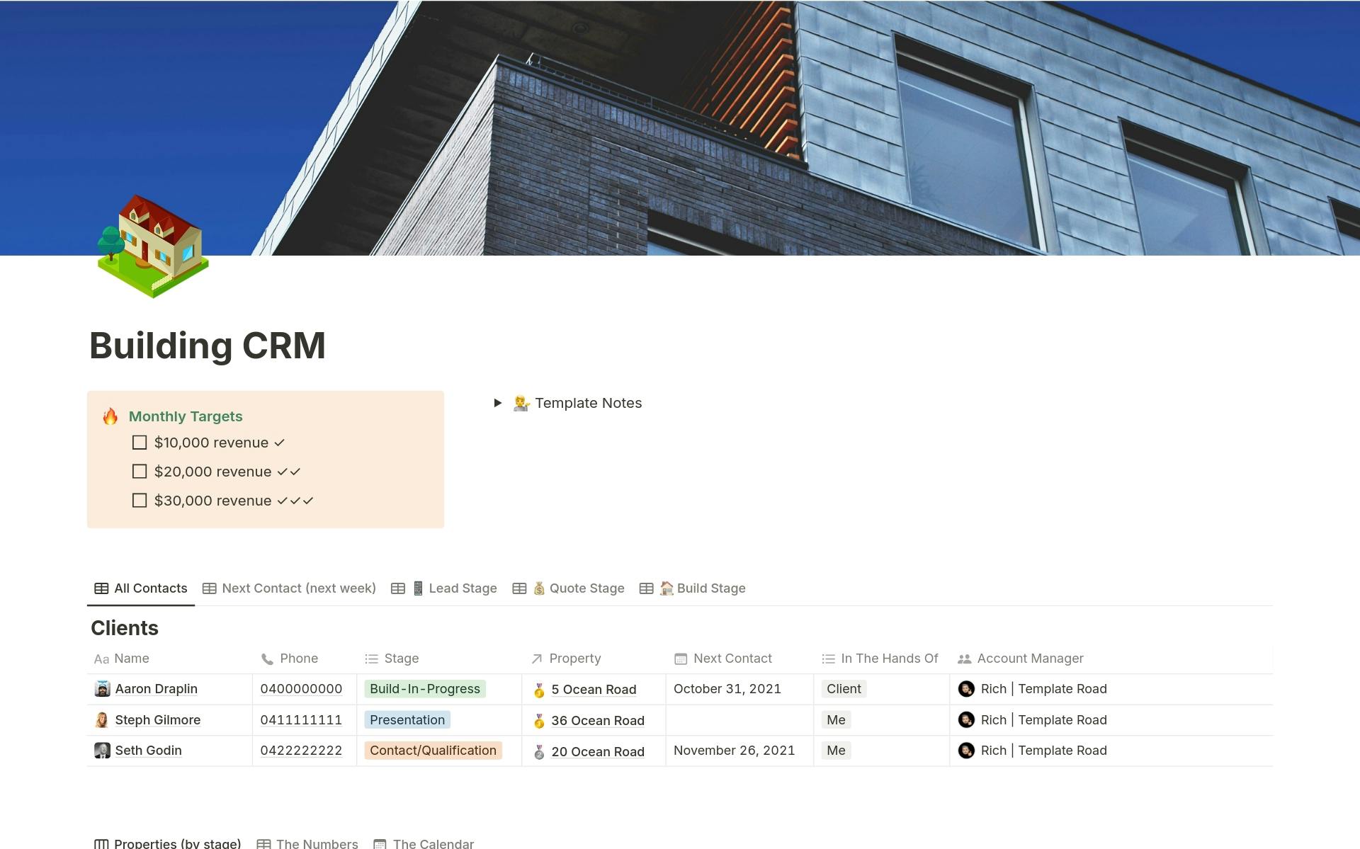A template preview for Building CRM