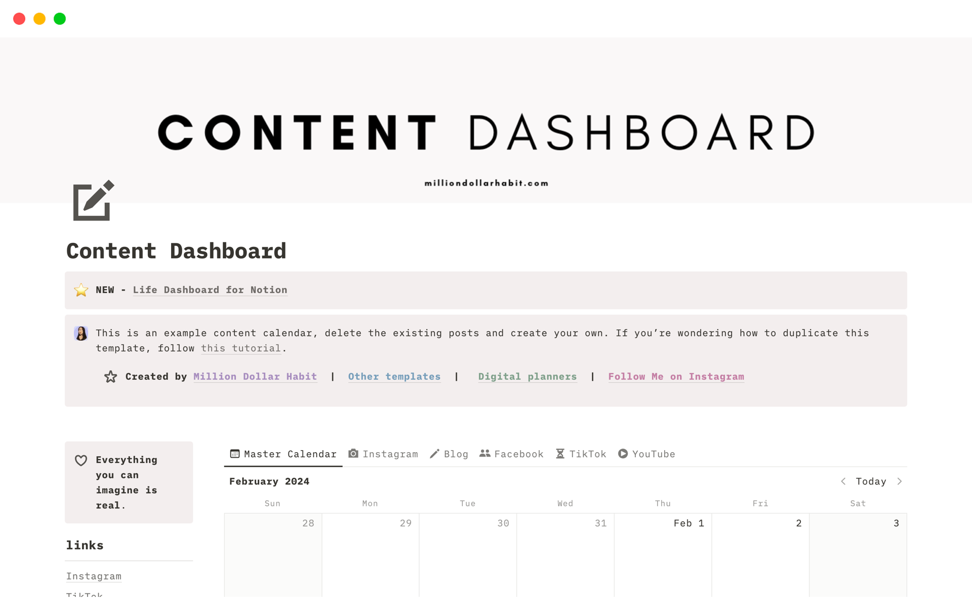 This template features a content dashboard and it's designed to help digital creators like you stay organized and productive while managing your social media content.
